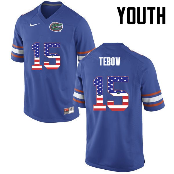 Florida Gators Youth #15 Tim Tebow College Football Jersey USA Flag Fashion Blue